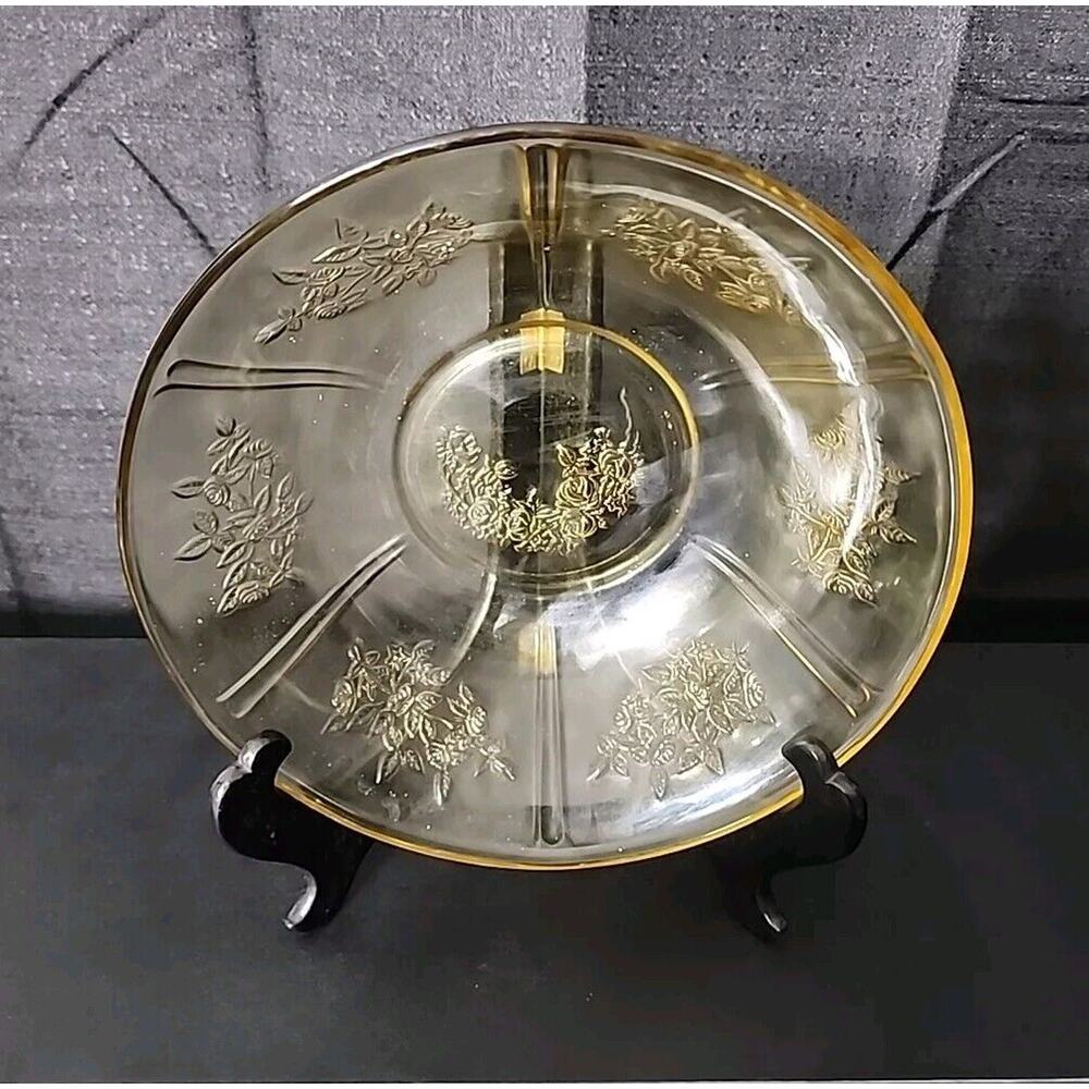 Vintage Amber Sharon Cabbage Rose Serving Bowl Depression Federal Glass 8-1/2”